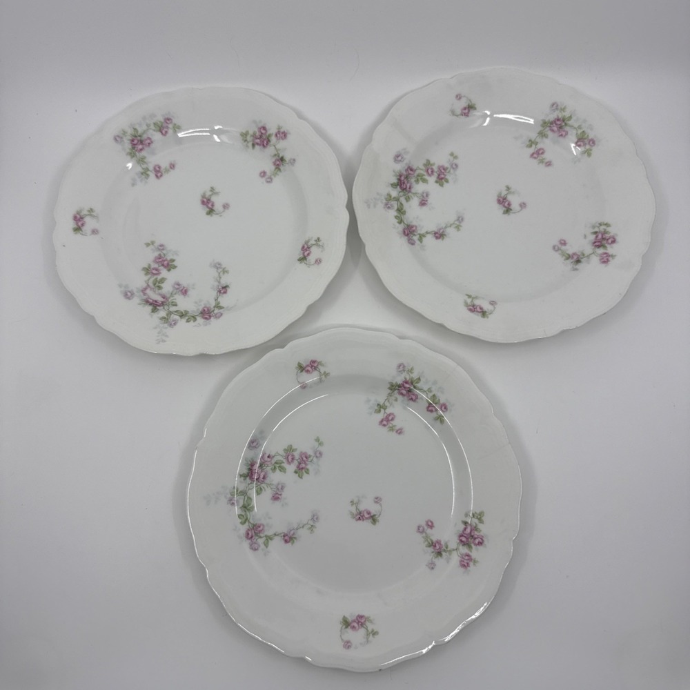 Antique MZ Austria Fine Porcelain Pink Floral Scalloped Plates Set Of 3